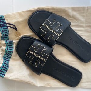 Tory Burch Black and Gold Slides Size 9.5